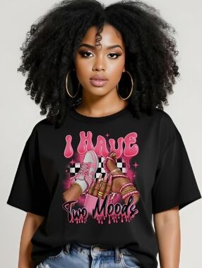 Black Graphic Tee "I Have Two Moods" Pink Design